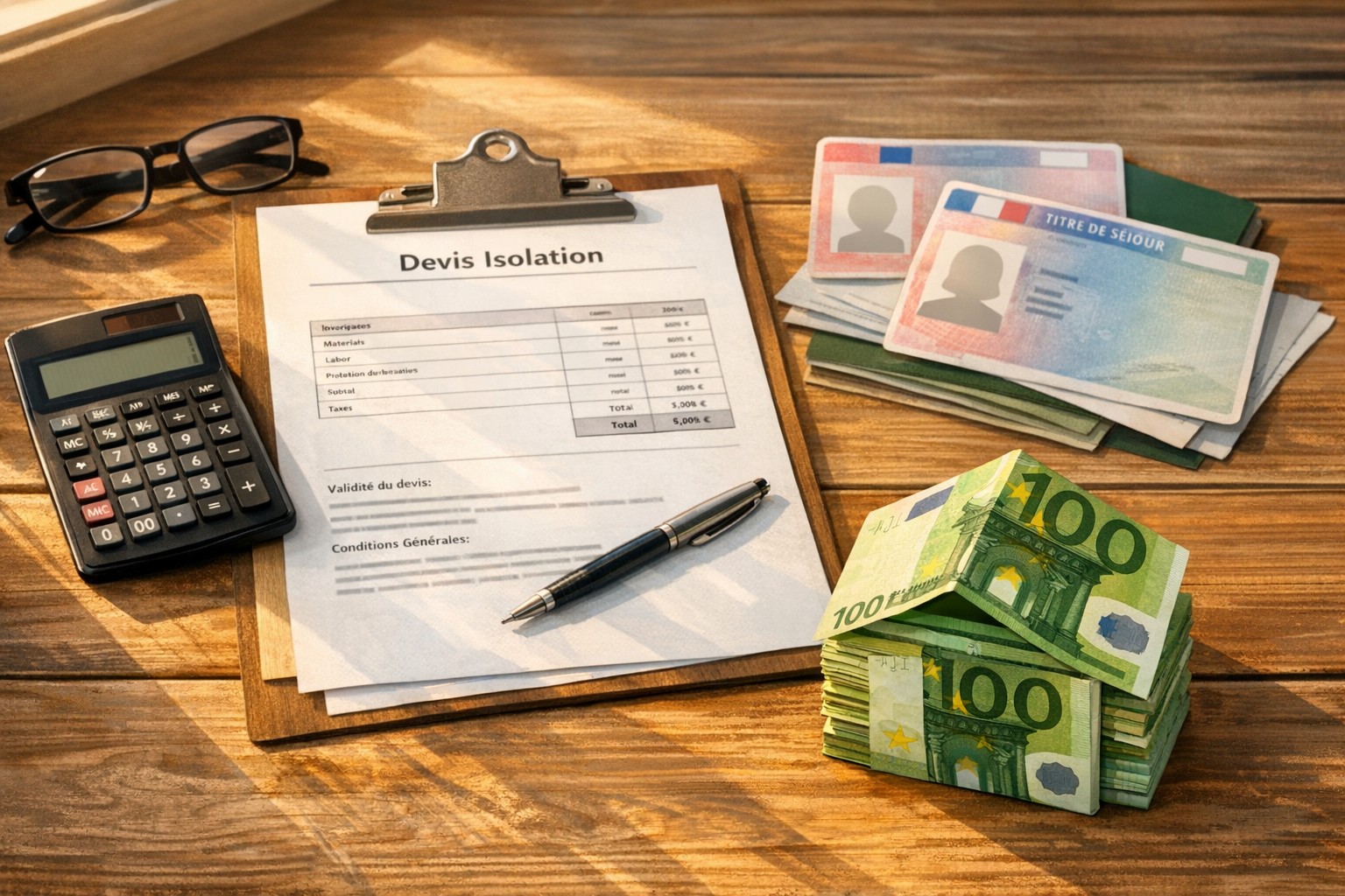Bureau avec dossier MaPrimeRenov, devis isolation et calculatrice