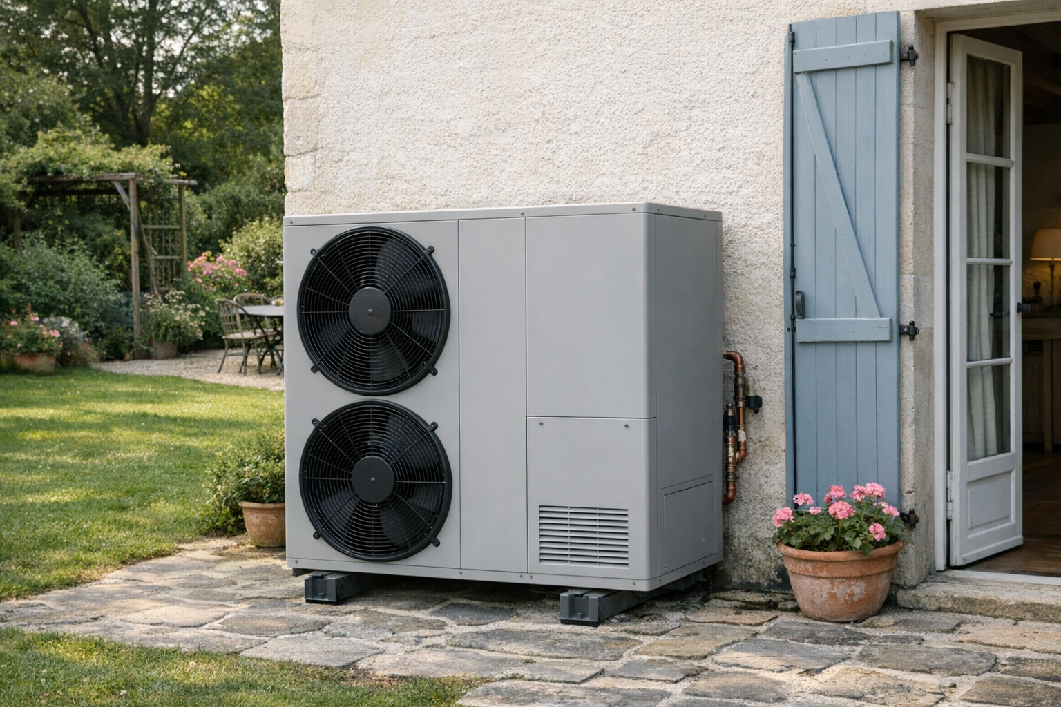 Pompe à chaleur air-eau installée à l'extérieur d'une maison
