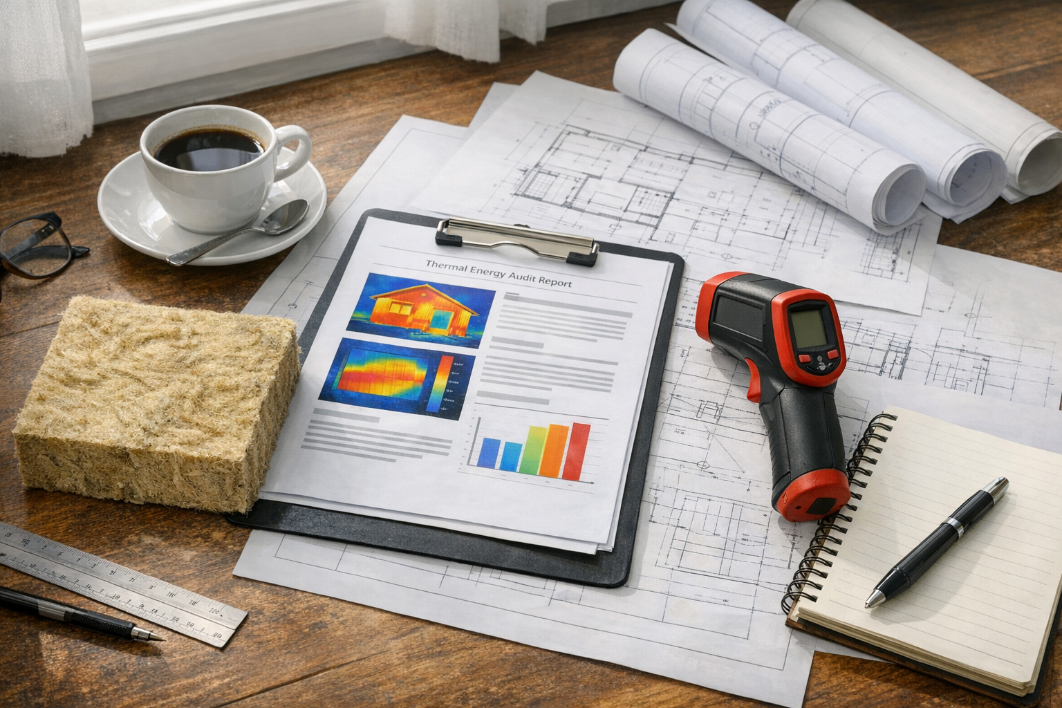 Plan d'audit énergétique avec capteurs et instruments sur une table