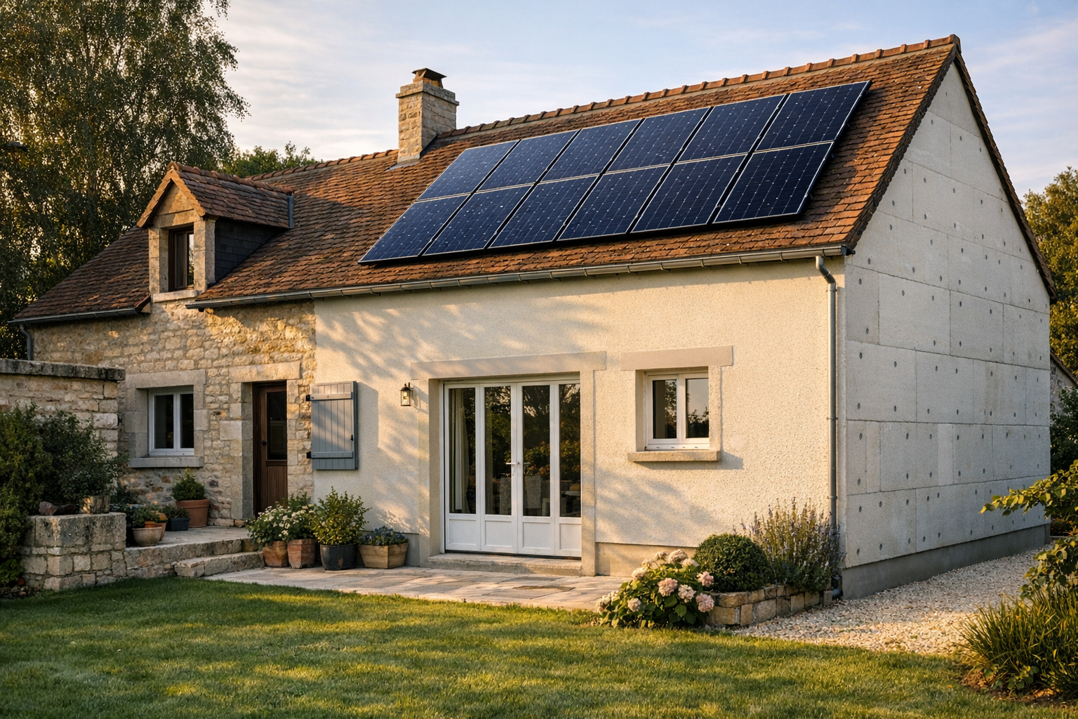 Maison rénovée avec panneaux solaires et isolation extérieure visible
